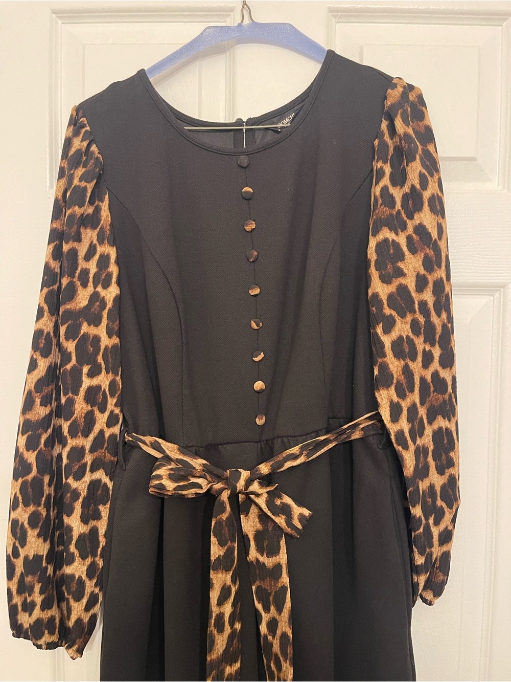 Boohoo Black Jumpsuit with Leopard-Print Sleeves and Tie Belt